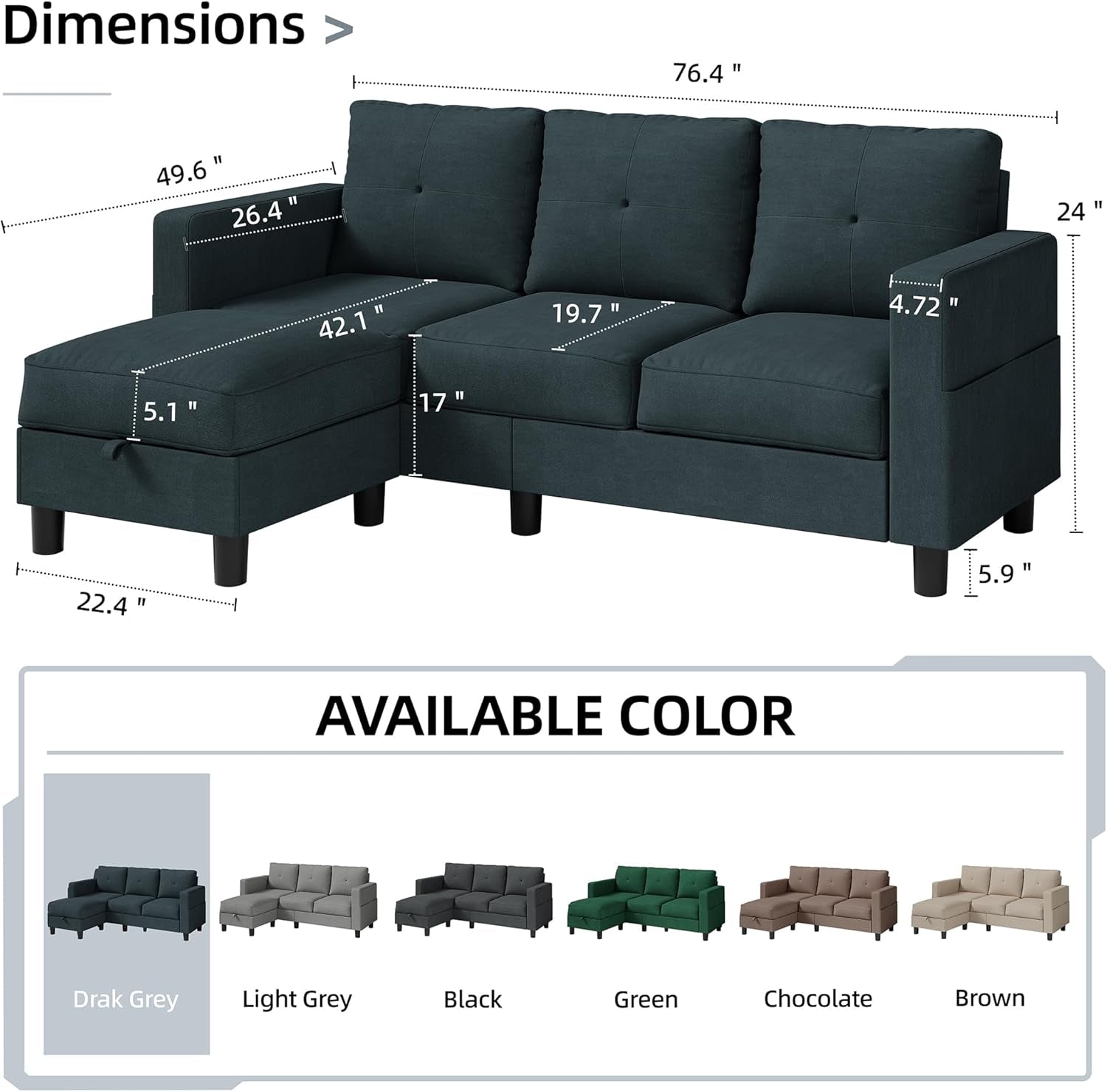 79 Inch Convertible Sectionl Sof Couch, Modern Linen Fbric L-Shped , 3-Set Sof Sectionl with Reversible Chise for Living Room, prtment nd Smll Spce (Drk Grey)