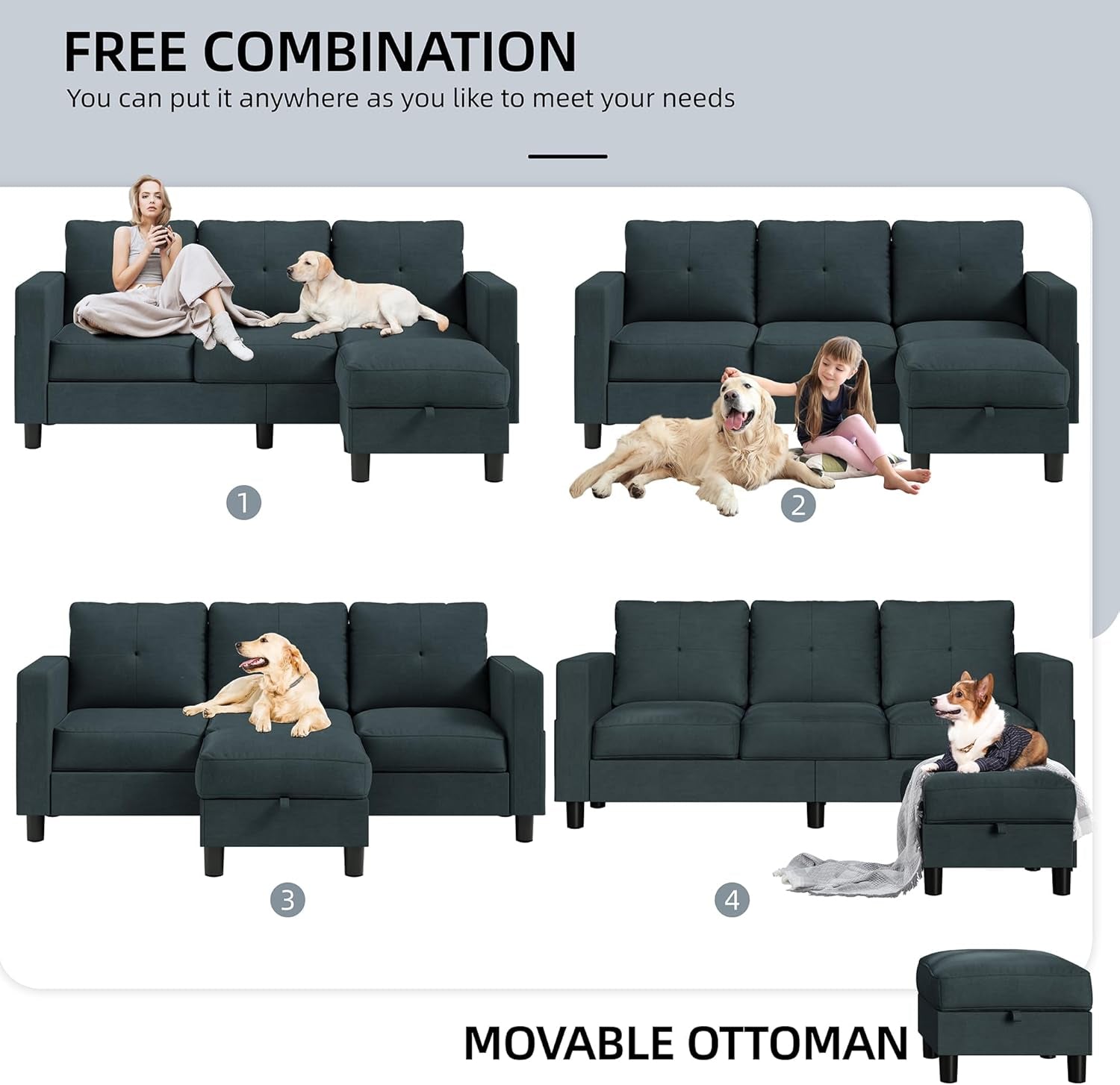 79 Inch Convertible Sectionl Sof Couch, Modern Linen Fbric L-Shped , 3-Set Sof Sectionl with Reversible Chise for Living Room, prtment nd Smll Spce (Drk Grey)