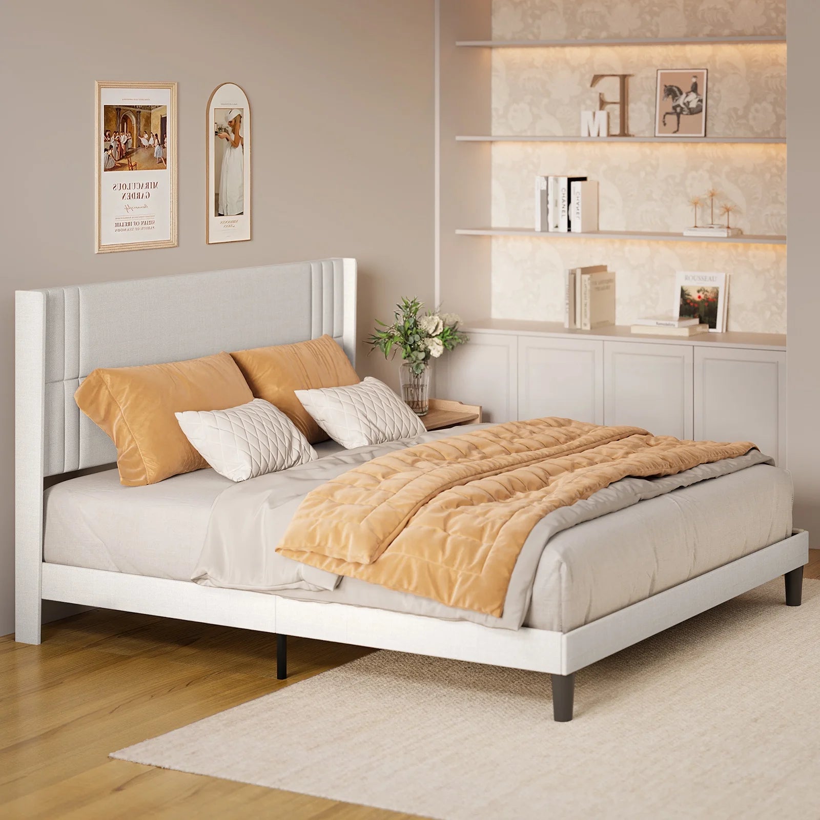 Upholstered Queen Bed Frame with Wingback Headboard and Modern Geometric Design, Featuring Wooden Slats Support in White