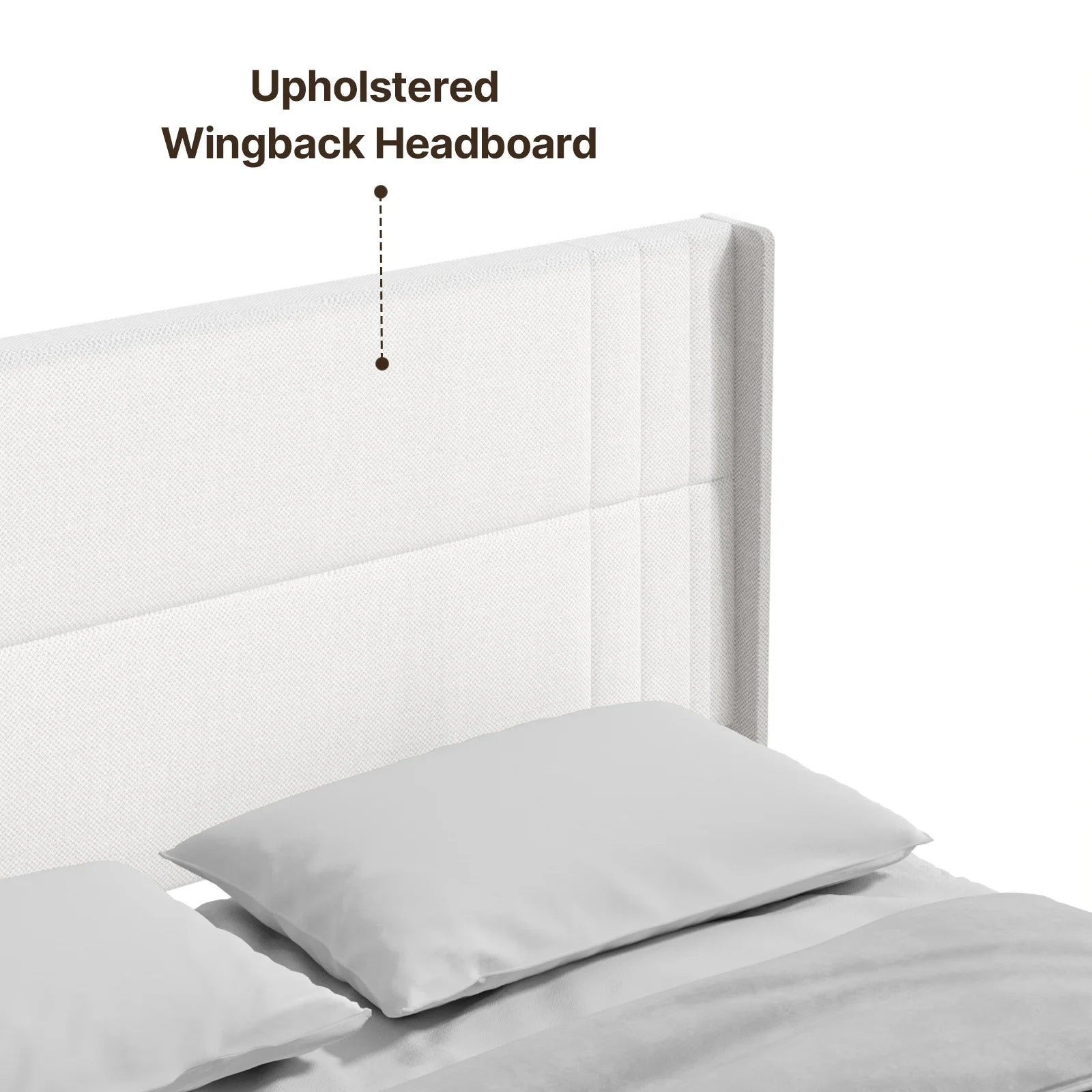 Upholstered Queen Bed Frame with Wingback Headboard and Modern Geometric Design, Featuring Wooden Slats Support in White