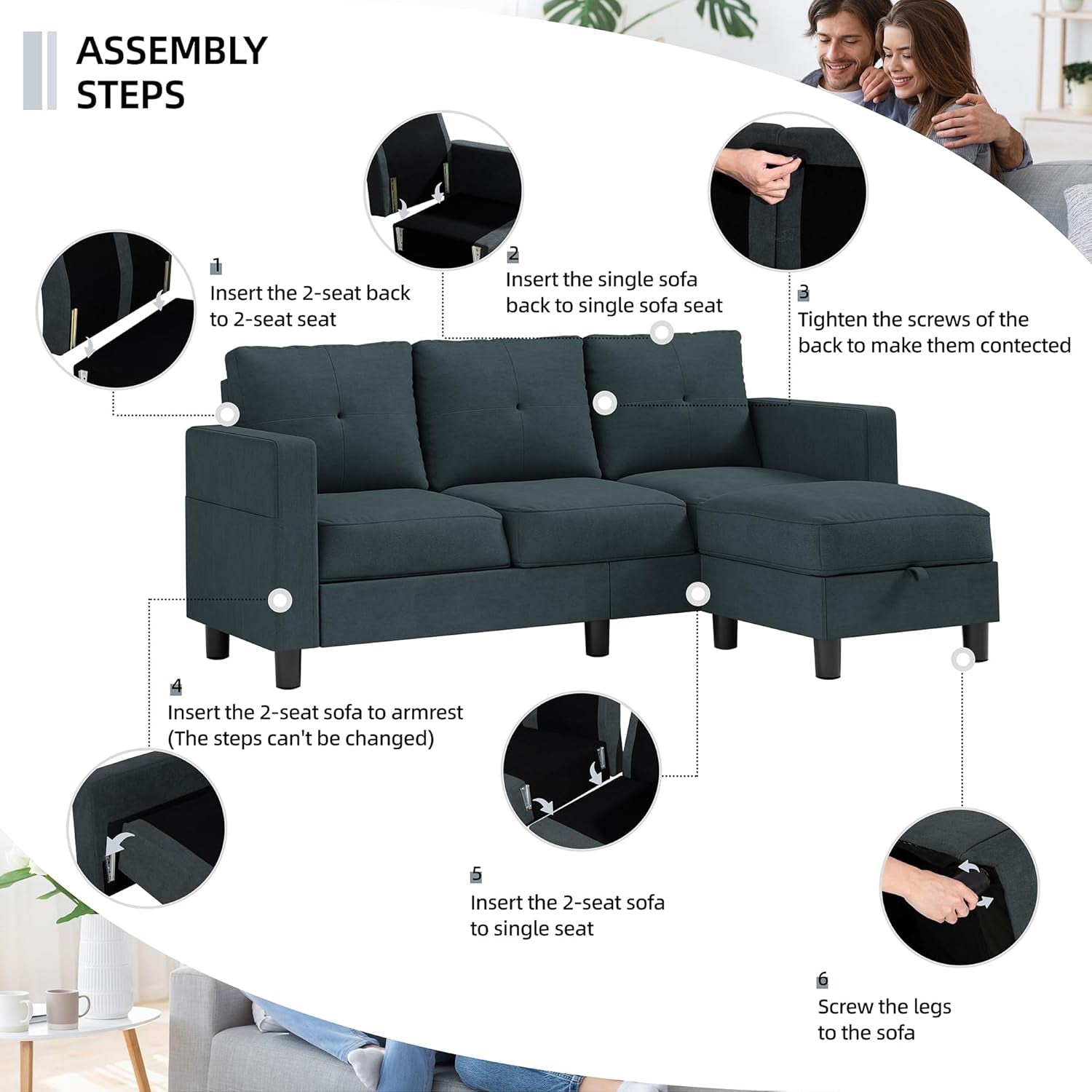 79 Inch Convertible Sectionl Sof Couch, Modern Linen Fbric L-Shped , 3-Set Sof Sectionl with Reversible Chise for Living Room, prtment nd Smll Spce (Drk Grey)