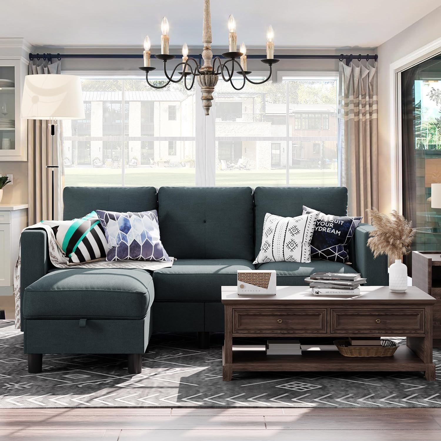 79 Inch Convertible Sectionl Sof Couch, Modern Linen Fbric L-Shped , 3-Set Sof Sectionl with Reversible Chise for Living Room, prtment nd Smll Spce (Drk Grey)
