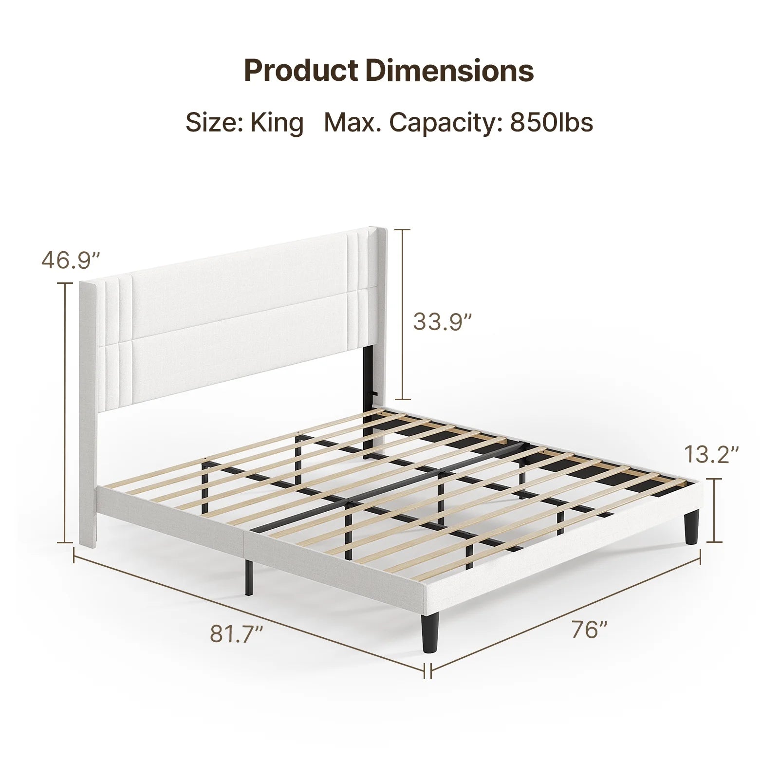 Upholstered Queen Bed Frame with Wingback Headboard and Modern Geometric Design, Featuring Wooden Slats Support in White