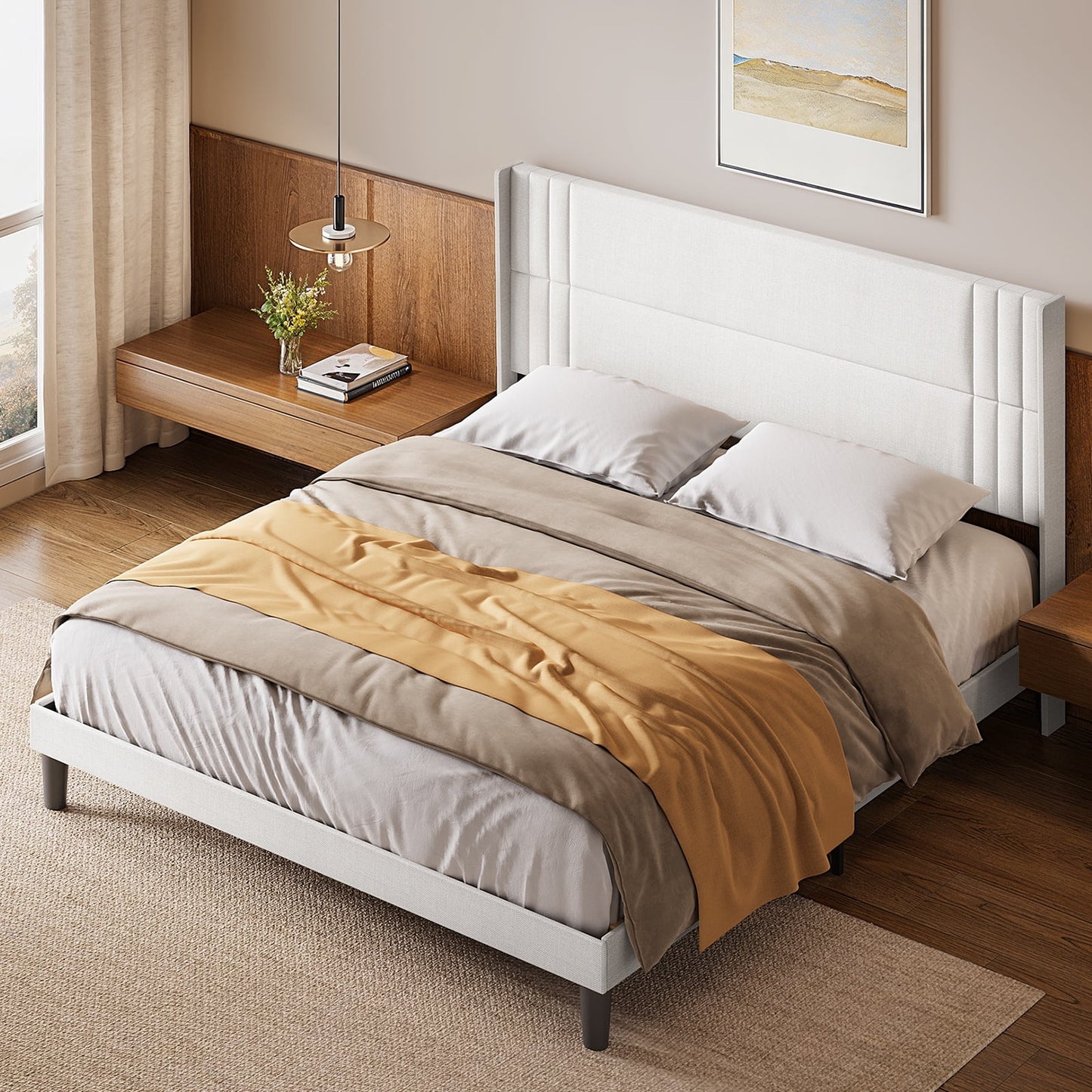 Upholstered Queen Bed Frame with Wingback Headboard and Modern Geometric Design, Featuring Wooden Slats Support in White