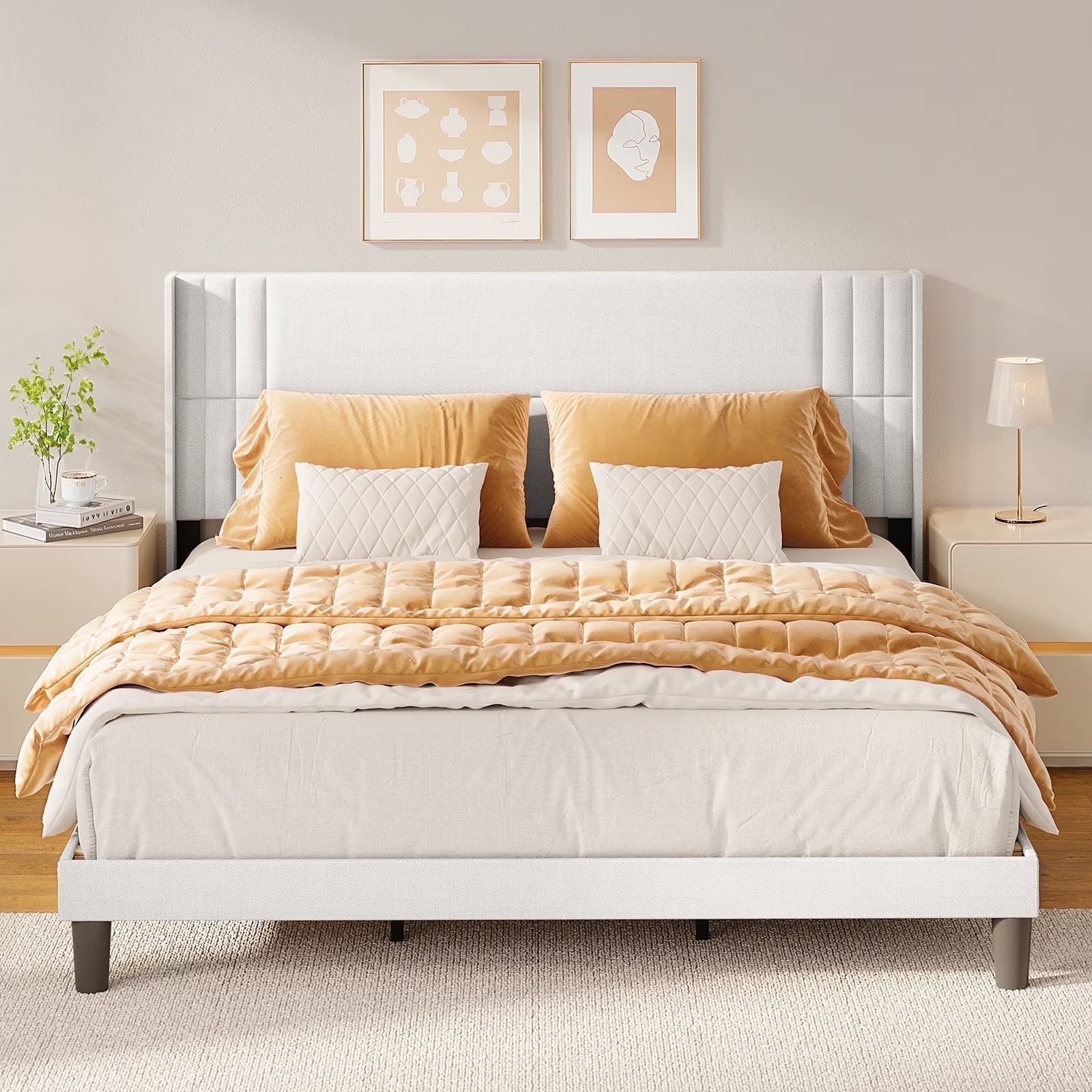 Upholstered Queen Bed Frame with Wingback Headboard and Modern Geometric Design, Featuring Wooden Slats Support in White