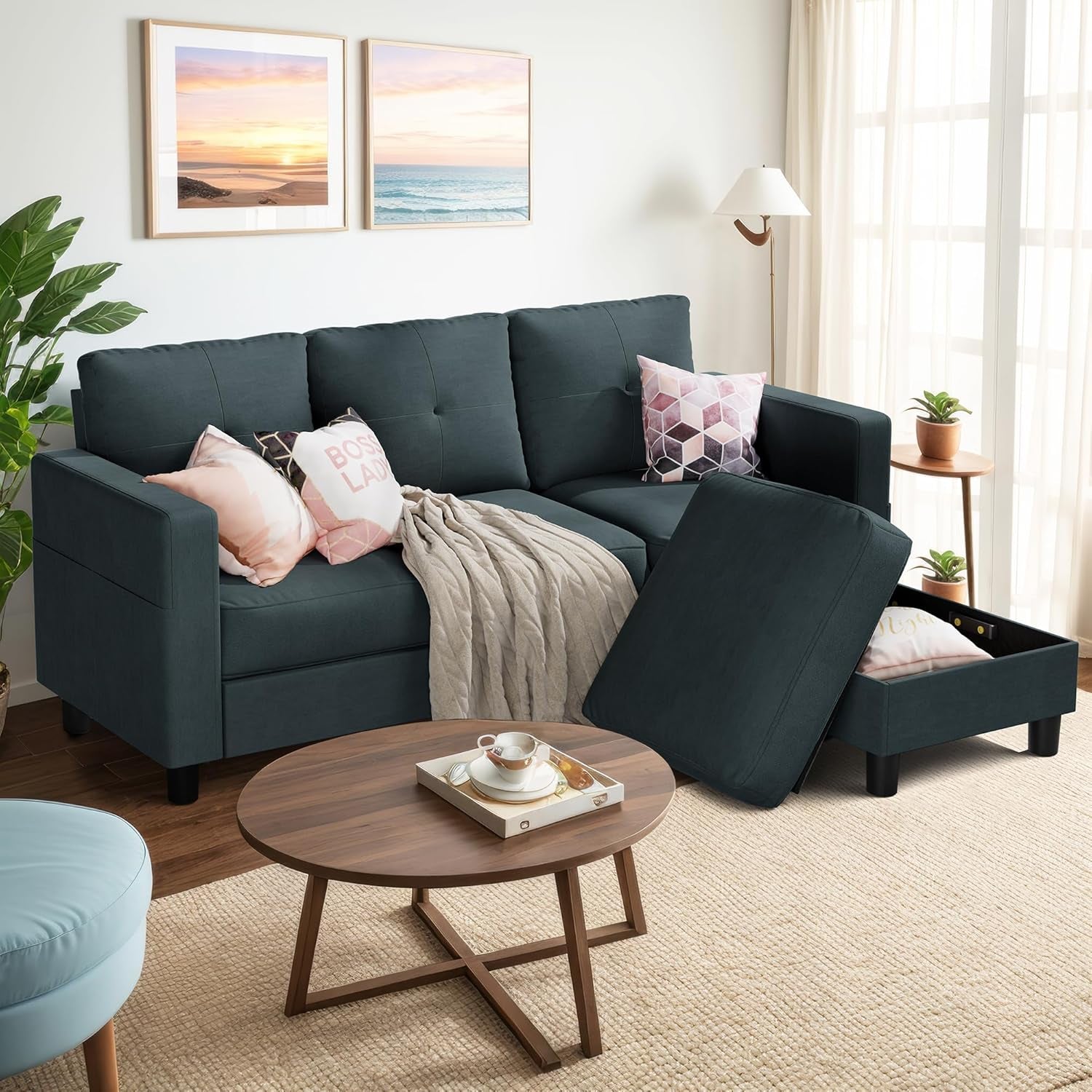 79 Inch Convertible Sectionl Sof Couch, Modern Linen Fbric L-Shped , 3-Set Sof Sectionl with Reversible Chise for Living Room, prtment nd Smll Spce (Drk Grey)