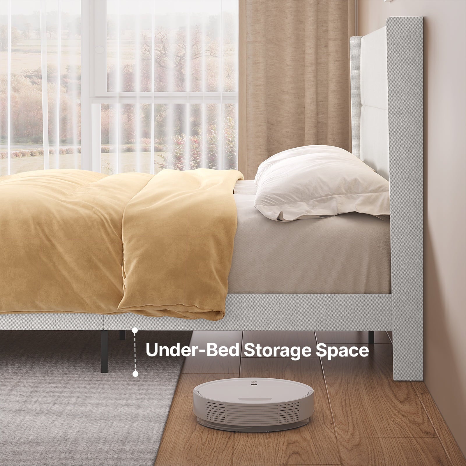Upholstered Queen Bed Frame with Wingback Headboard and Modern Geometric Design, Featuring Wooden Slats Support in White