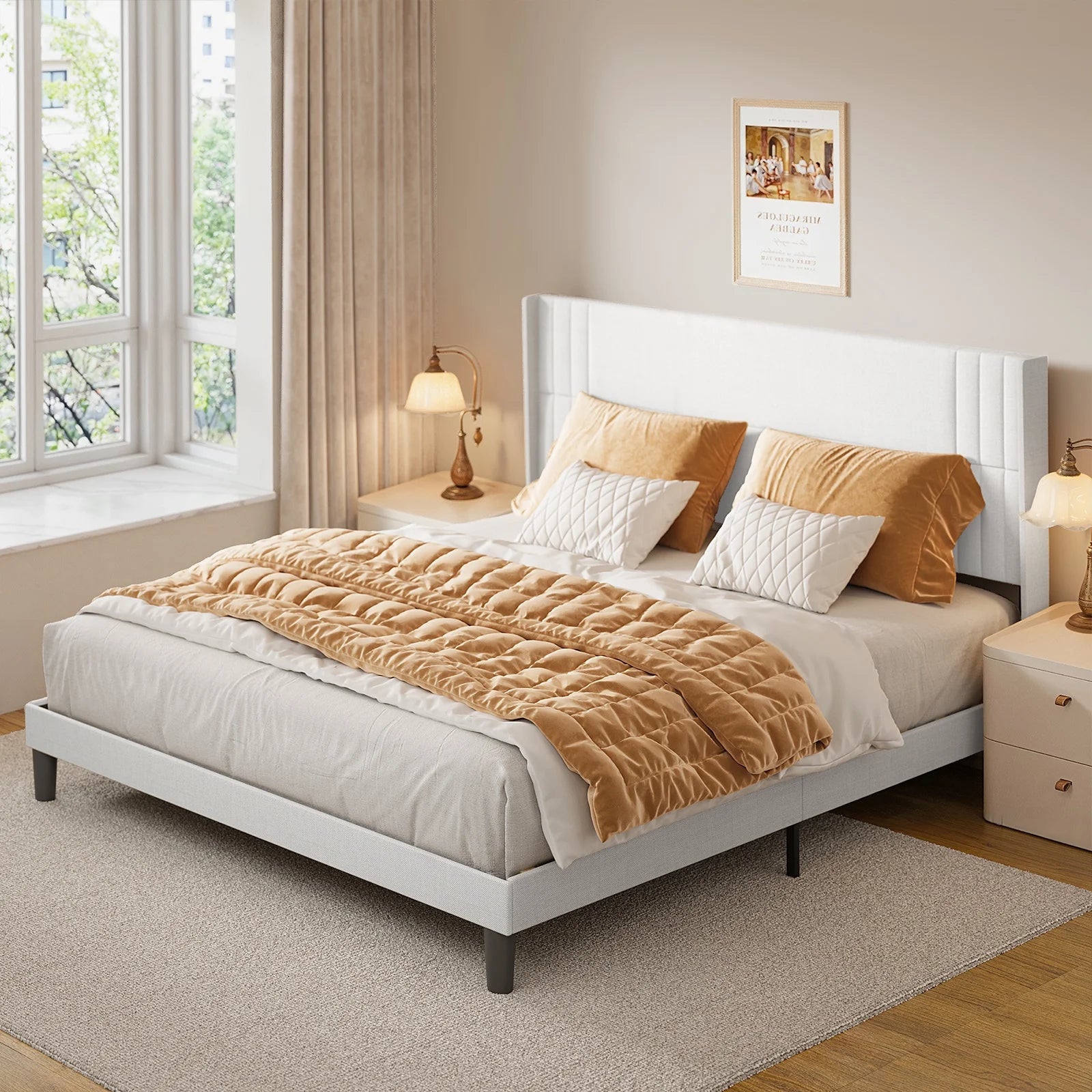 Upholstered Queen Bed Frame with Wingback Headboard and Modern Geometric Design, Featuring Wooden Slats Support in White